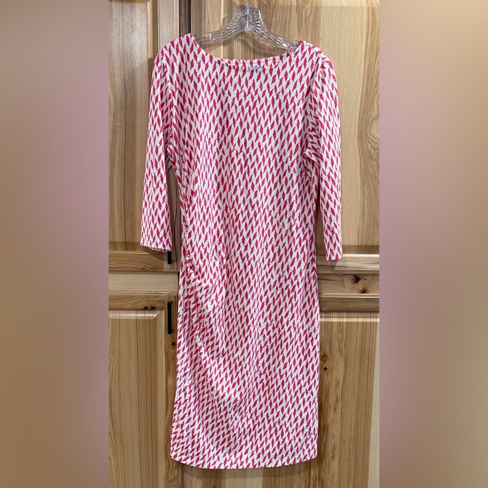 J. McLaughlin Catalina Cloth Sz L Midi Ruched 3/4 Sleeve Patterned Sheath Dress